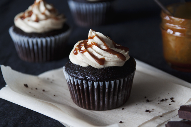 Chocolate Cupcakes with Peanut Butter Swiss Meringue Buttercream