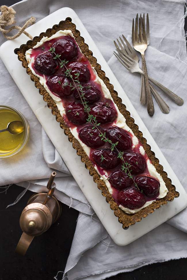 No Bake Plum Tart with Mascarpone, Thyme, and Gingersnap Crust